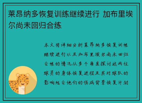 莱昂纳多恢复训练继续进行 加布里埃尔尚未回归合练